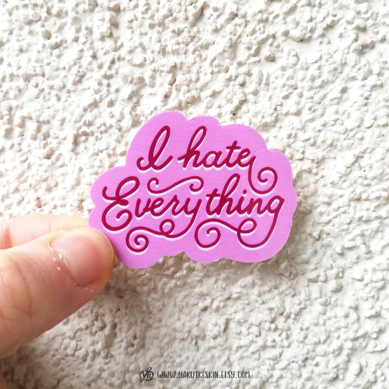 I Hate everything waterproof vinyl laptop sticker decal, water bottle decor, funny introvert gift Pink