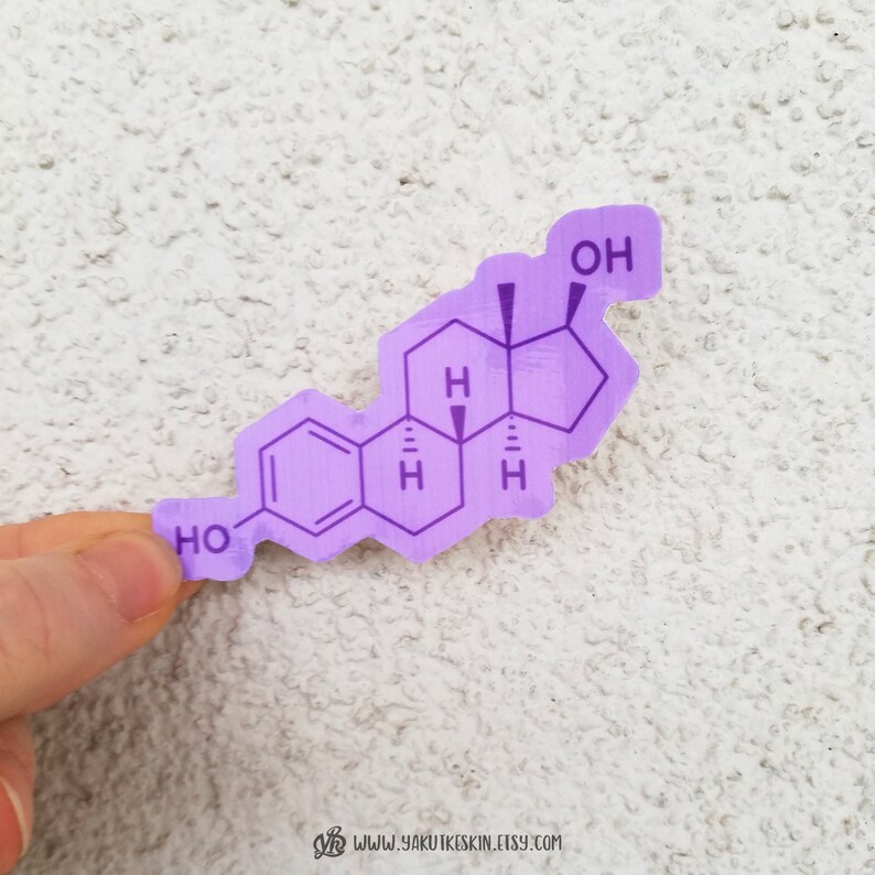 May include: Purple vinyl sticker featuring a chemical structure diagram of a molecule with the text "HO" and "OH" on it.