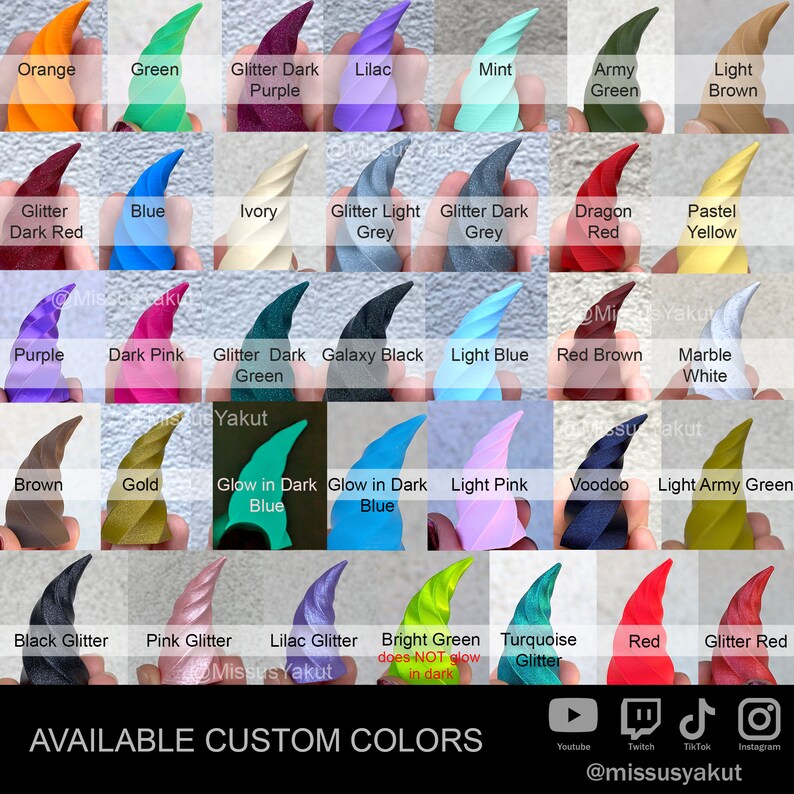 May include: A chart of 36 different colors of polymer clay, including glitter, glow-in-the-dark, and solid colors. The colors are arranged in a grid with the names of each color listed below. The text "AVAILABLE CUSTOM COLORS" is at the bottom of the chart.