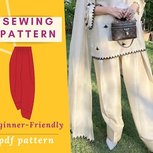 May include: A sewing pattern illustration of red pants with elastic waist, labeled "Sewing Pattern" and "Beginner-Friendly pdf pattern." The image also shows a person wearing a cream-colored outfit with black trim and embroidery, holding a small brown purse.