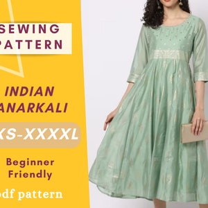 Pode incluir: Padrão de costura para um vestido Anarkali indiano nos tamanhos XXS-XXXXL. O padrão é amigável para iniciantes e está disponível para download em PDF. A imagem mostra um vestido verde com bordados dourados.