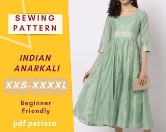 May include: Sewing pattern for an Indian Anarkali dress in sizes XXS-XXXXL. The pattern is beginner friendly and comes as a PDF download. The image shows a green dress with gold embroidery.