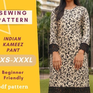 Patrón de costura de kameez y pantalón en PDF / Patrón de kameez con mangas 3/4 / Patrón digital de vestido indio XXS–3XL
