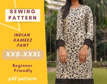 Kameez & Pant Sewing Pattern PDF | 3/4 Sleeve Kameez Pattern | Digital Indian Dress Pattern XXS–3XL