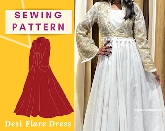 Desi Flare Dress Sewing Pattern: Anarkali Gown, Easy Instructions (PDF Download XS-4XL )