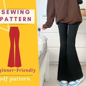 May include: Image features a sewing pattern for flared pants, with the words "SEWING PATTERN" and "Beginner-Friendly pdf pattern" displayed. The image also shows a person wearing black flared pants.