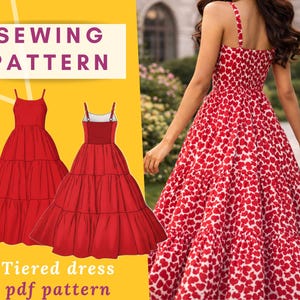 May include: A red tiered dress sewing pattern with the text "SEWING PATTERN" and "Tiered dress pdf pattern". The image also shows a woman wearing a red and white heart-patterned tiered dress.
