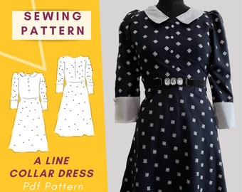 May include: A line collar dress sewing pattern with a white collar and black and white polka dot fabric. The pattern includes instructions for sewing a dress with a fitted bodice and a full skirt.