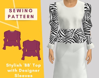 Patron de couture de haut court : haut à basque pour femme avec manches design (XS-XL) (PDF numérique)
