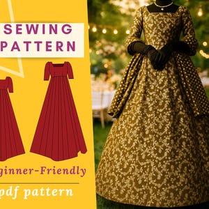 May include: A sewing pattern image featuring a burgundy dress illustration and a detailed view of a gold and brown patterned dress. The text "SEWING PATTERN" and "Beginner-Friendly pdf pattern" are also displayed.