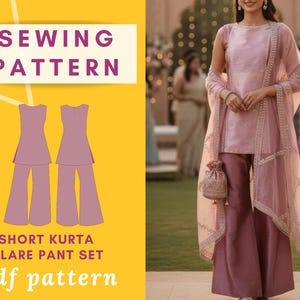 Puede incluir: Imagen de una mujer con un kurta rosa y pantalones acampanados, con una bufanda y un bolso a juego. Un gráfico de patrón de costura muestra una ilustración púrpura del kurta y los pantalones acampanados. El texto en el gráfico dice "SEWING PATTERN" y "SHORT KURTA FLARE PANT SET pdf pattern."