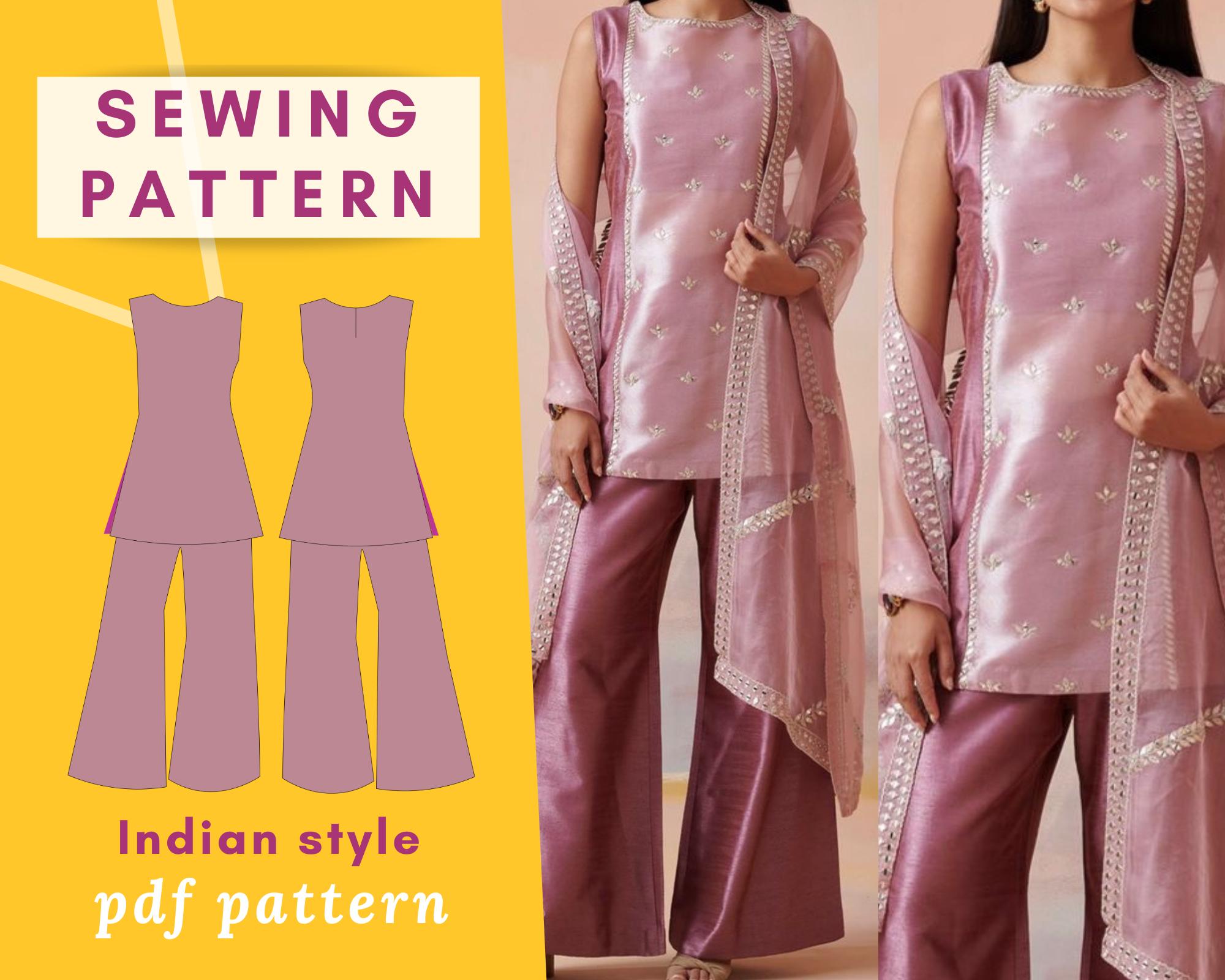 Short kurti Flare pant setSewing Pattern  | Size XS-XXXXL | Instant Download | Easy Instructions |Indian Traditional | Women Sewing Pattern