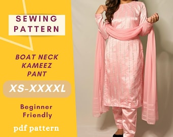 Boat Neck Kameez pant Sewing Pattern  | Size XS-XXXXL | Instant Download | Easy Instructions | Traditional | Women Sewing Pattern