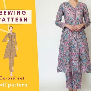 Patrón de costura para conjunto: Vestido evasé con pantalón para mujer (XS-XXXXL) (Descarga digital)