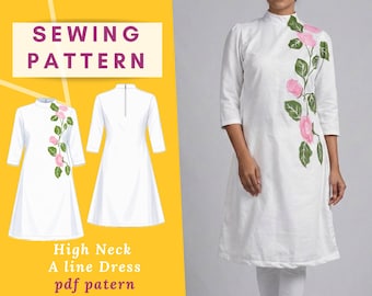 High Neck A line dress Dress Sewing Pattern, Vintage Modest Style (PDF Pattern, XXS-XXXL)