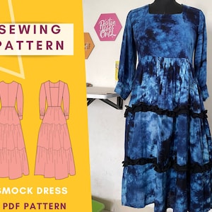 Smock Dress Sewing Pattern for women | with gathered sleeves & skirt | Size XXS - 4XL pdf pattern for printing at home | Instant Download