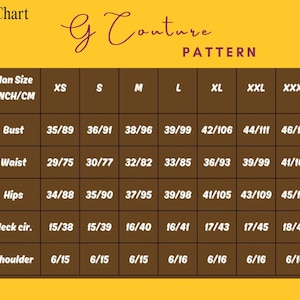 May include: A size chart with measurements in inches and centimeters for bust, waist, hips, neck circumference, and shoulder. The chart includes sizes XS to XXXL. The text "G Couture PATTERN" is at the top.