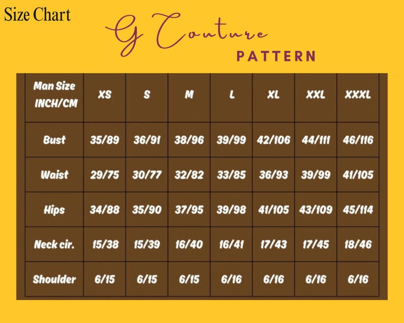 May include: A size chart with measurements in inches and centimeters for bust, waist, hips, neck circumference, and shoulder. The chart includes sizes XS to XXXL. The text "G Couture PATTERN" is at the top.