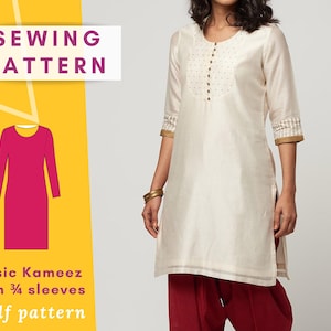 May include: A cream-colored kameez with 3/4 sleeves, gold trim, and a button-down front. The image includes a sewing pattern graphic with the text "SEWING PATTERN" and "Basic Kameez with 3/4 sleeves pdf pattern."