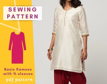 Kameez Sewing Pattern PDF | 3/4 Sleeve kameez Pattern | Digital Indian Dress Pattern XXS–3XL