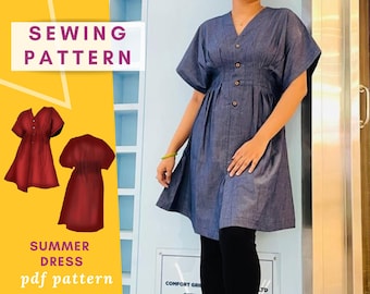 Summer Dress Sewing Pattern: Easy Button-Front Design (Sizes XXS-3XL) (PDF Pattern)