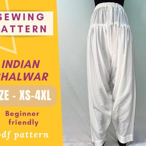 May include: White sewing pattern for Indian shalwar pants. The pattern is available in sizes XS-4XL and is beginner friendly. The pattern is a PDF download.