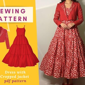 May include: Red dress with a tiered skirt and spaghetti straps, paired with a cropped red jacket featuring white embroidery. The image also shows a sewing pattern with the text "SEWING PATTERN" and "Dress with Cropped jacket pdf pattern".