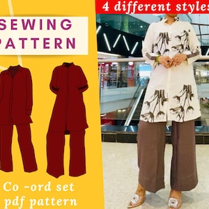 May include: Image features a sewing pattern for a co-ord set. The pattern includes illustrations of two different styles of a shirt and pants set in a deep red color. The text "SEWING PATTERN" and "Co-ord set pdf pattern" are displayed.