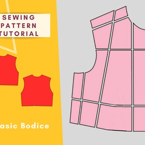 May include: A diagram showing how to cut out fabric pieces for a basic bodice sewing pattern. The pattern is divided into 10 sections, with lines indicating where to cut. The text "Sewing Pattern Tutorial" and "Basic Bodice" are visible.