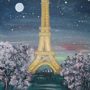 Original Painting Starry Night Eiffel Tower Paris Acrylic on Canvas 16x20