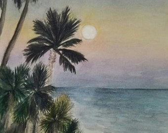 Watercolor painting, sunset watercolor, beach watercolor, original watercolor, ocean sunset, 16x20 painting