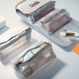 Trousse de toilette organisateur de maquillage pliable personnalisée faite main pour femme - Sac de rangement de voyage personnalisé - Parfait pour les voyages - Cadeaux de Noël pour elle