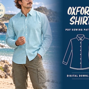 May include: A light blue long-sleeve button-down shirt with a collar, paired with olive green cargo pants. The image includes text reading OXFORD SHIRT PDF SEWING PATTERN DIGITAL DOWNLOAD and a circular badge stating MULTISIZE XS-XXXXL SEWING PATTERN.