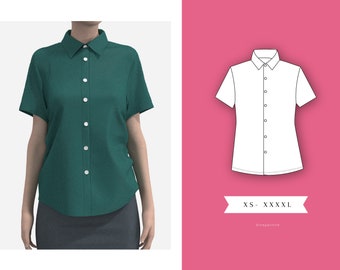 Female Button Up Shirt Short Sleeve - PDF Sewing Pattern - XS - XXXXL