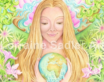 Fantasy art card, spiritual art, visionary art, gaea, mother earth, nature card, paradise, fine art card, earth goddess image.