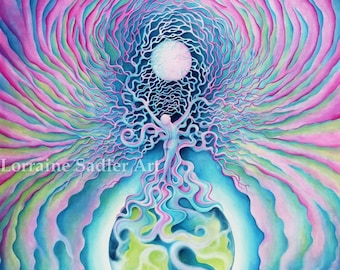 Tree of Life Visionary Art Print. Cosmic Art, Celestial Art, Moon Goddess, Fantasy Art, Spiritual art. Trippy art, Archival Fine Art Print.