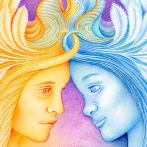 The Lovers - SUN AND MOON Canvas Art Print. Soul Mates, Twin Flames, Yin and Yang Spiritual Art print. Visionary Fantasy Art.