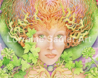Mother Earth Art Card. ,Gaia image , green eyes earth goddess, nature goddess. Pagan art, Mystical art, Fantasy art, Visionary art.