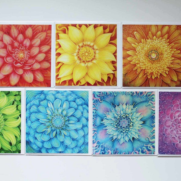 Chakra Cards. Fractal flower images symbolic of yoga chakras. Reiki and Healing.