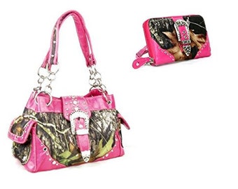 Dh jp camo bling rhinestone buckle shoulder bag purse zipper wristlet wallet set (pink)