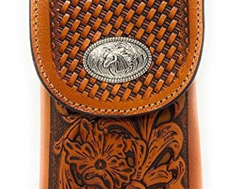 Texas west western cowboy tooled floral leather horse concho belt loop cell phone holster case in 4 colors