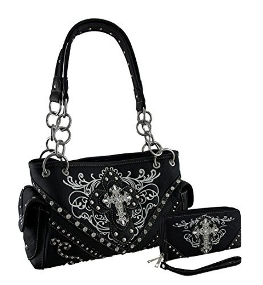 Western Embroidered Concealed Carry Purse/wallet Set W/rhinestone Cross