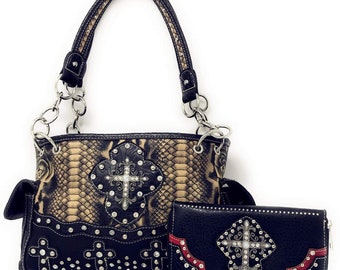 Premium rhinestone cross western embroidered concealed carry handbag/matching wallet in 4 colors