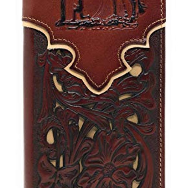 Western men's laser cut genuine leather praying cowboy long bifold wallet