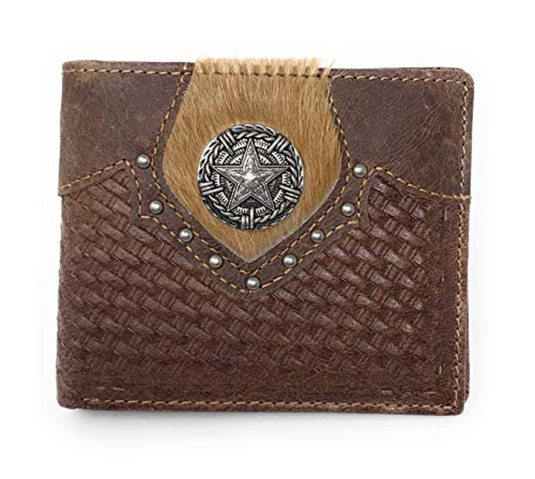 Texas West Western Tooled Genuine Leather Star Men's Long Bifold Wallet  (Black)