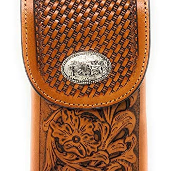 Texas west western cowboy tooled floral leather praying cowboy concho belt loop cell phone holster case in 4 colors