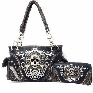 Texas west rhinestone embroidered metal skull leather womens concealed carry handbag with matching wallet 6 colors