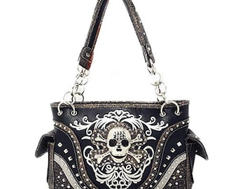 Zzfab embroidered concealed carry rhinestone studded skull purse in 6 colors