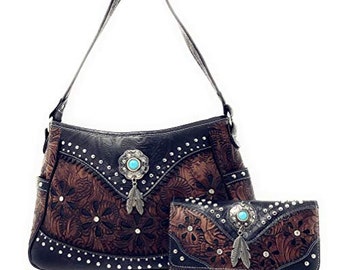 Texas west western tooled leather laser cut concealed carry feather country shoulder handbag wallet in 4 colors