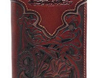 Genuine leather basketweave floral tooled praying cowboy mens long bifold wallet 2 colors